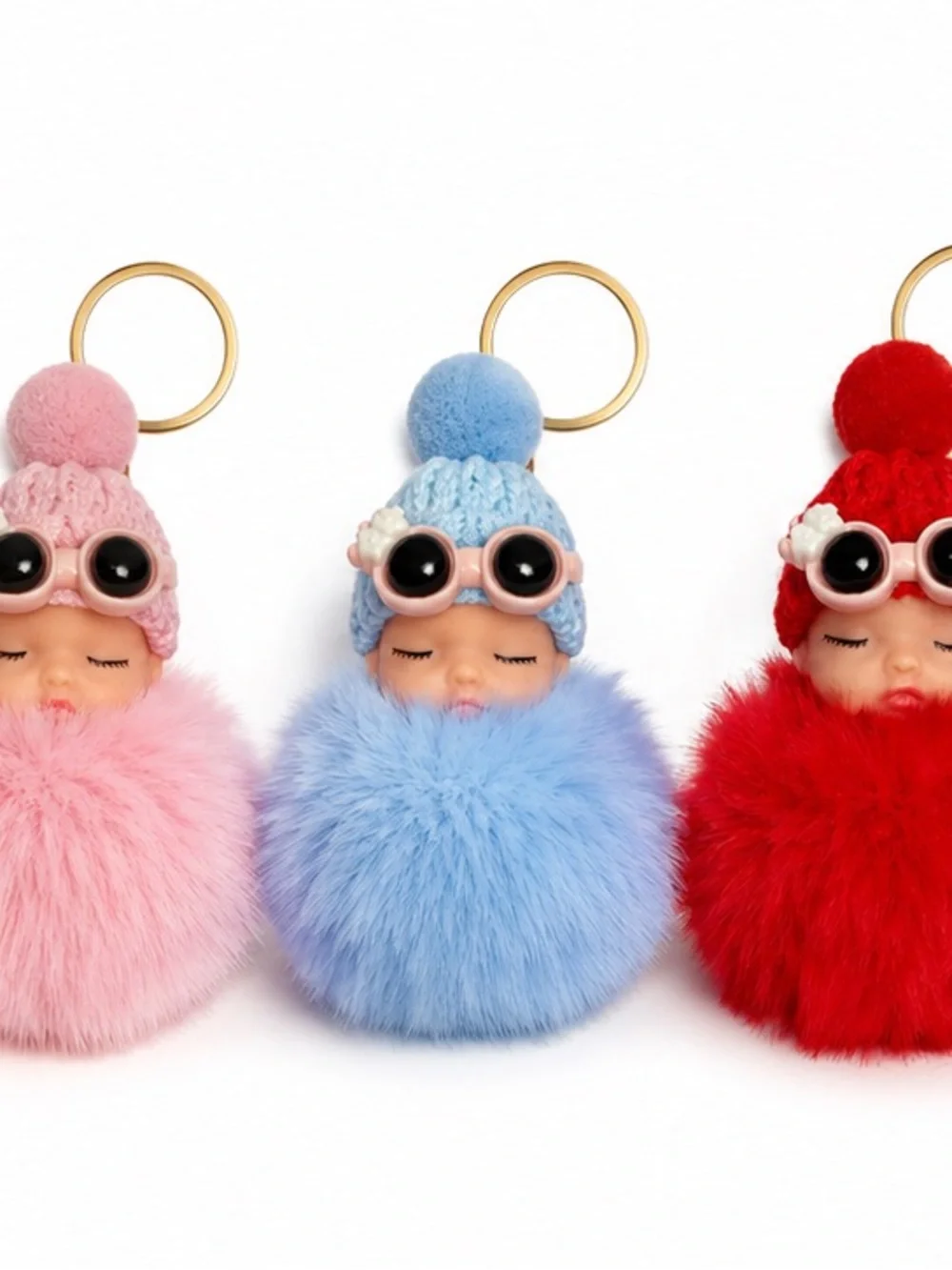 Sleeping Baby Faux Fur Pom Pom Keychain Purse Charm | 9 Colors
